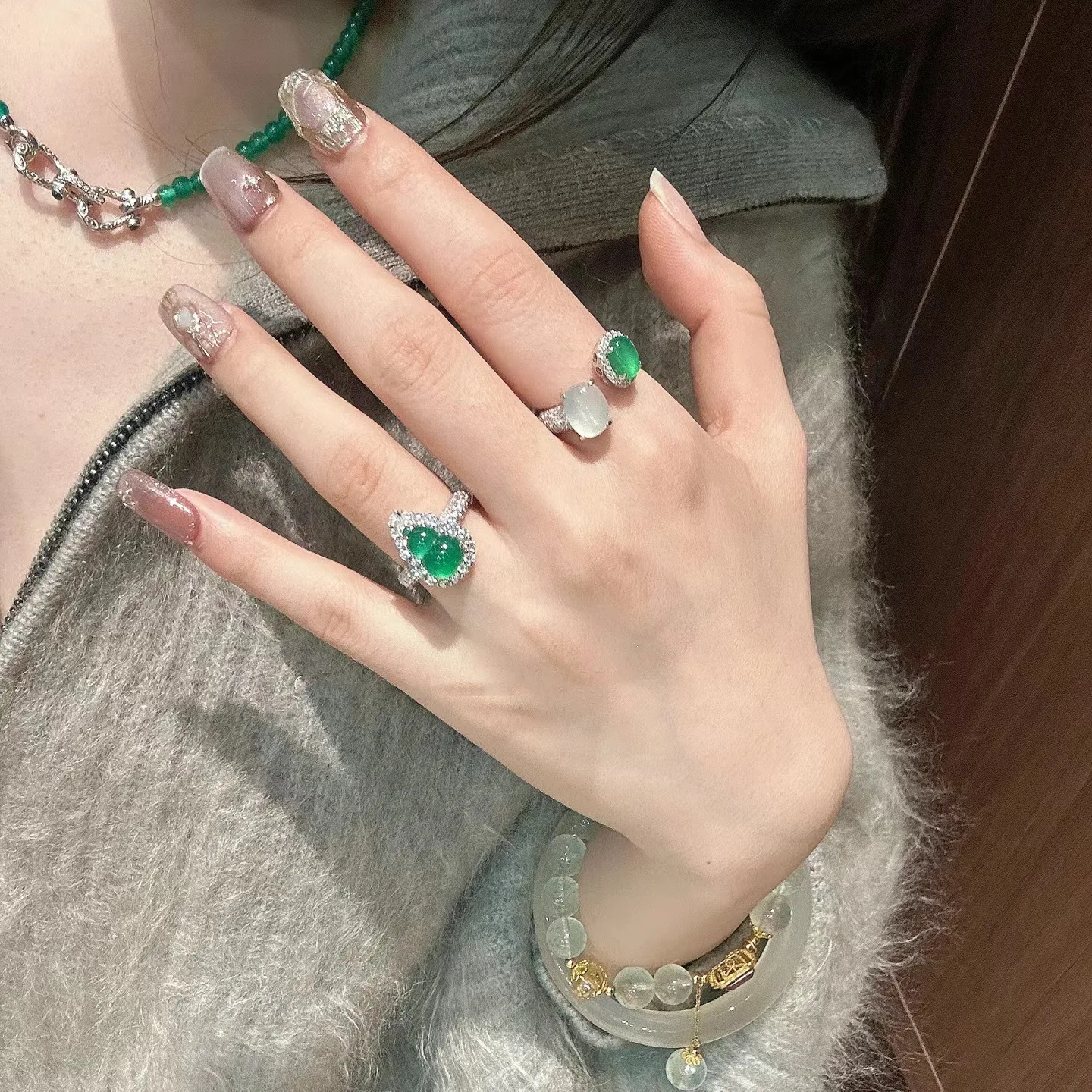 Inspiration Design inlay Full Diamond Natural Green chalcedony Gourd rings for women Fashion Retro silver 925 Ring Jewelry