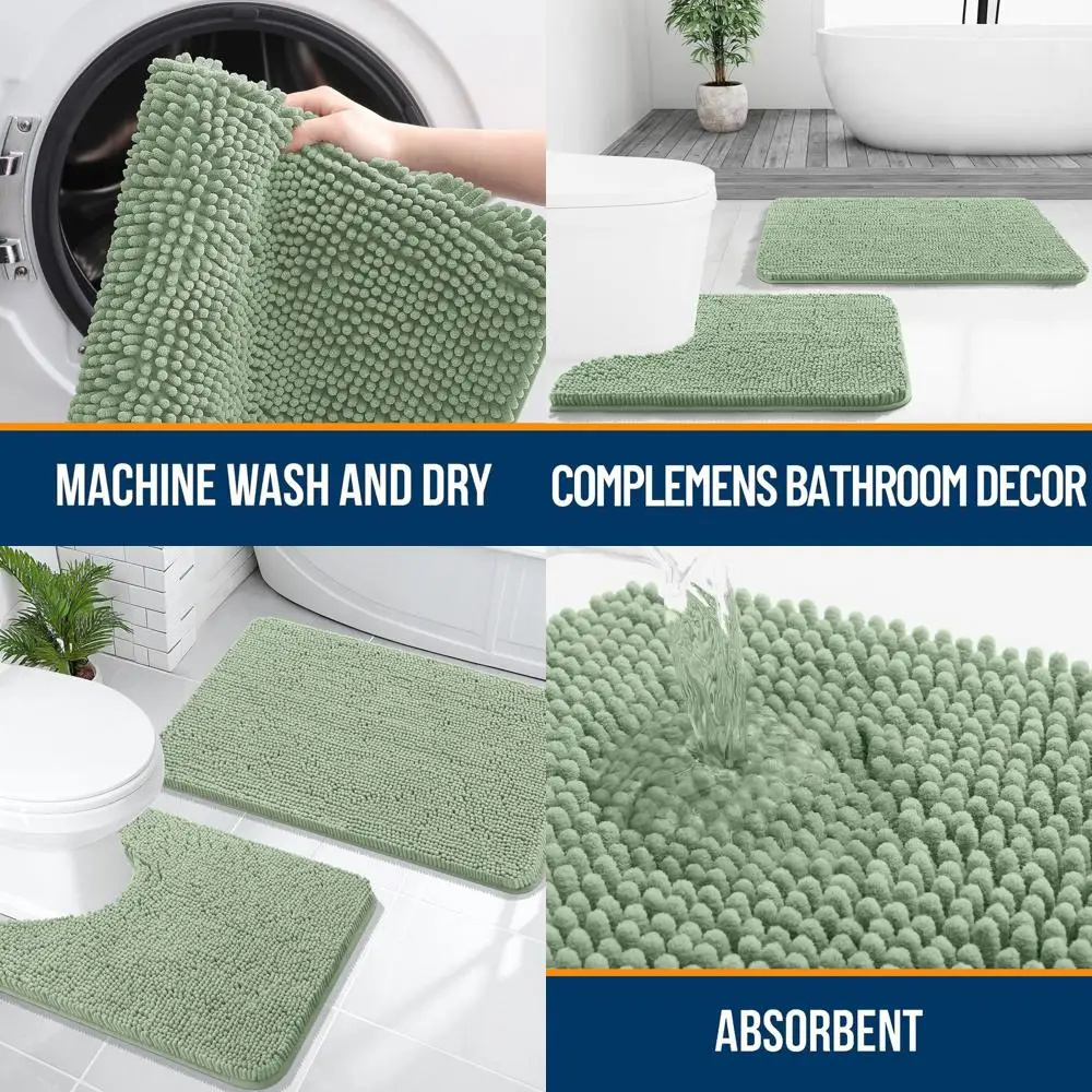 

2-Piece Bath Rug Set: Soft Chenille Mats & U-Shape Toilet Cover, Sage Green, 30x20 & 24x20, Machine Washable