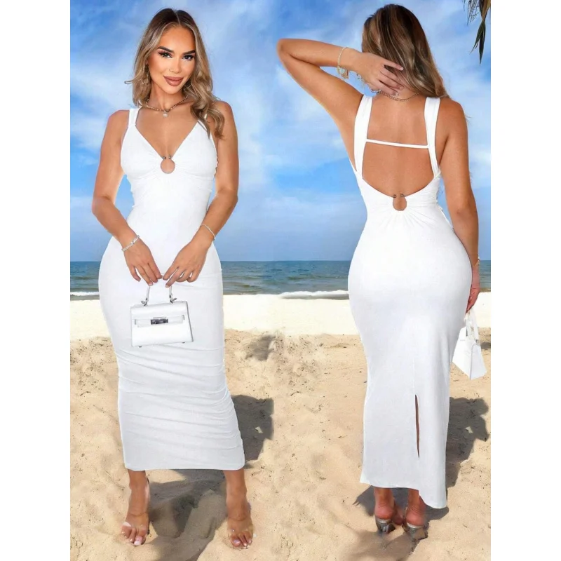 

YQ1-French style temperamentvSexy Collar Backless Elegant Beach Vacation Style Long Dress for Women