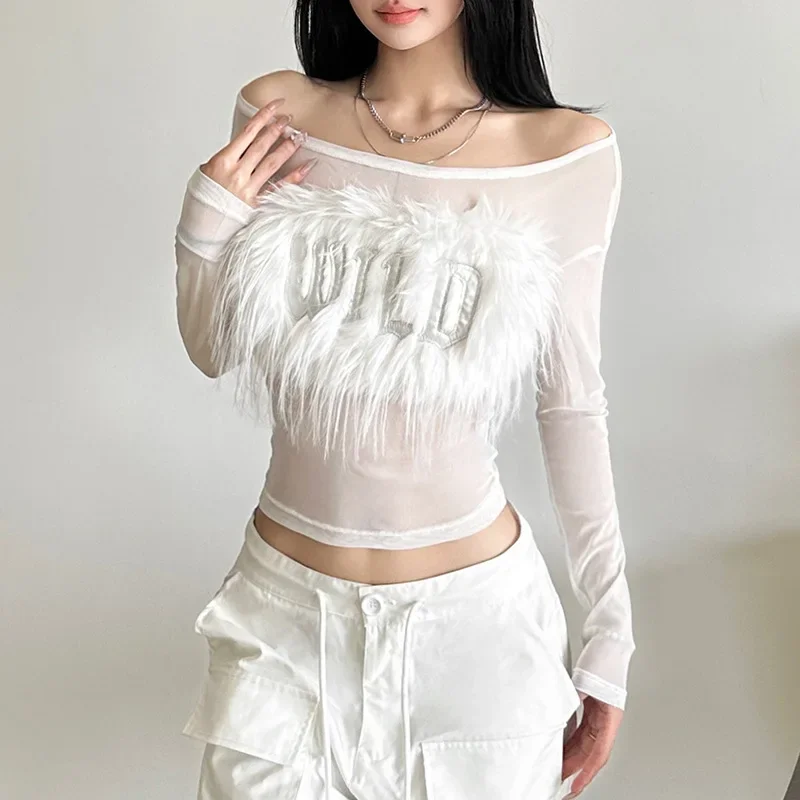 E-girl Mode Mesh Transparent Slash Neck Crop Tops Fairycore Feder Frauen Schlank Sheer Tops Cyber Y2K Straße T Shirts