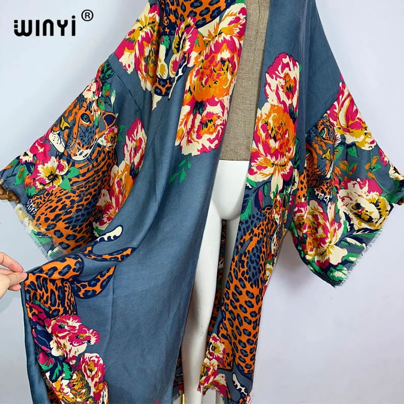 Winyi Zomer Bohemian Luipaard Print Strandkleding Zwempak Cover Up Afrika Vrouwen Vest Kleurrijke Sexy Vakantie Lange Mouw Kimono