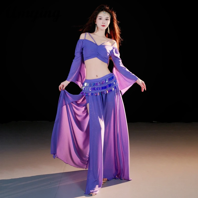 Elegant Belly Dance Costume Feminine Oriental Dance Costume Sexy Long Sleeves Practice Training Class Wear Coins Belt Long Skirt