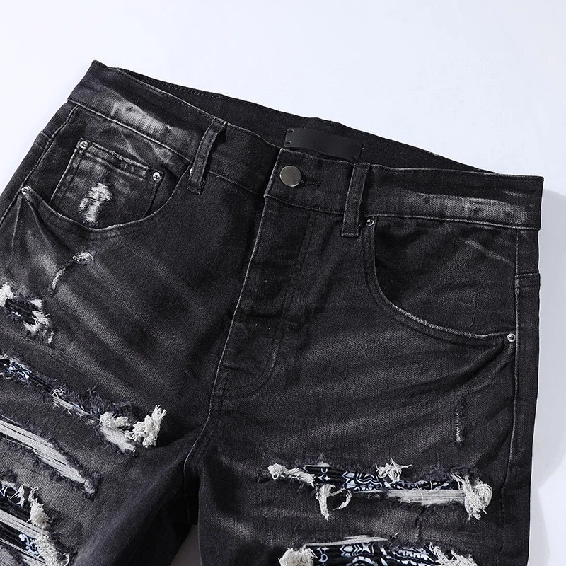 Fashion new Jeansy2k wrinkle resistant washed nostalgic stretch slim fit black perforated patch jeans high street hip-hop brand