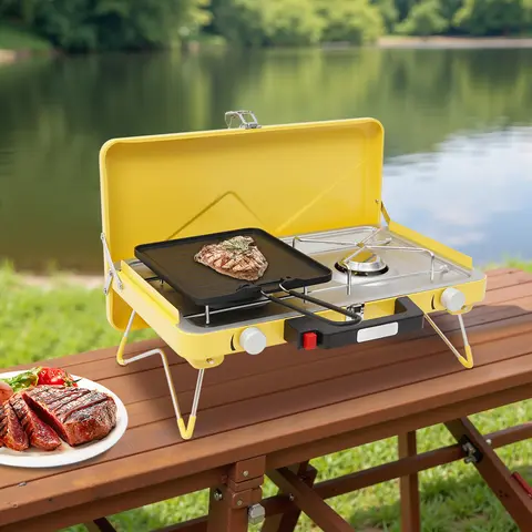 Foldable Windproof 2×3500W Outdoor Gas Stove, Compact Carry Case Design Adjustable Flame for Camping Tailgating BBQ
