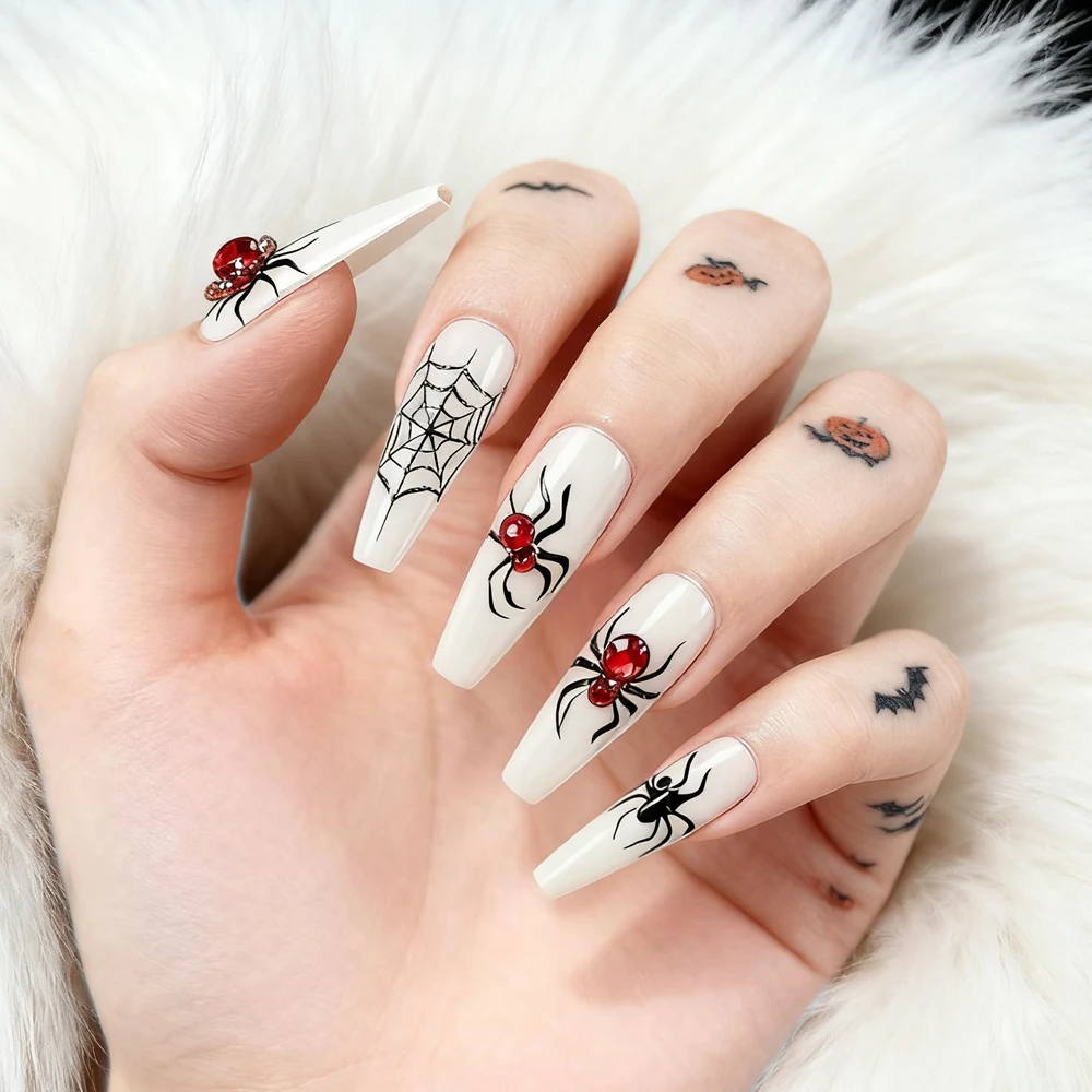 Halloween Acrylic Fake Nail With Glue Spider Web Patterns Pess On False Nails Tips For Party Woman DIY Manicure Accessory