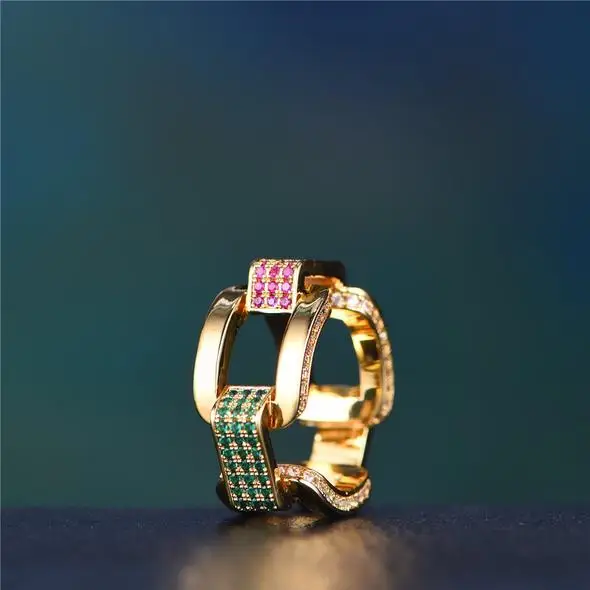 Gold Color Green Blue Red CZ Miami Cuban Link Chain Ring Women Men Rock Hip Hop Fashion Jewelry