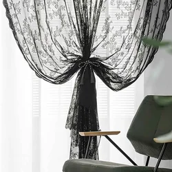 1pc Black Lace Floral Botanical Aesthetic Curtains For Partition Curtains For Living Room And Bedroom, Finished Bay Window