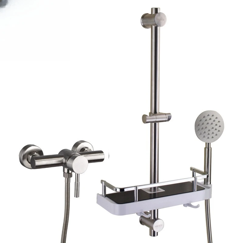 مجموعة دش من الفولاذ المقاوم للصدأ، رف، صمام خلط المياه، دش ساخن وبارد