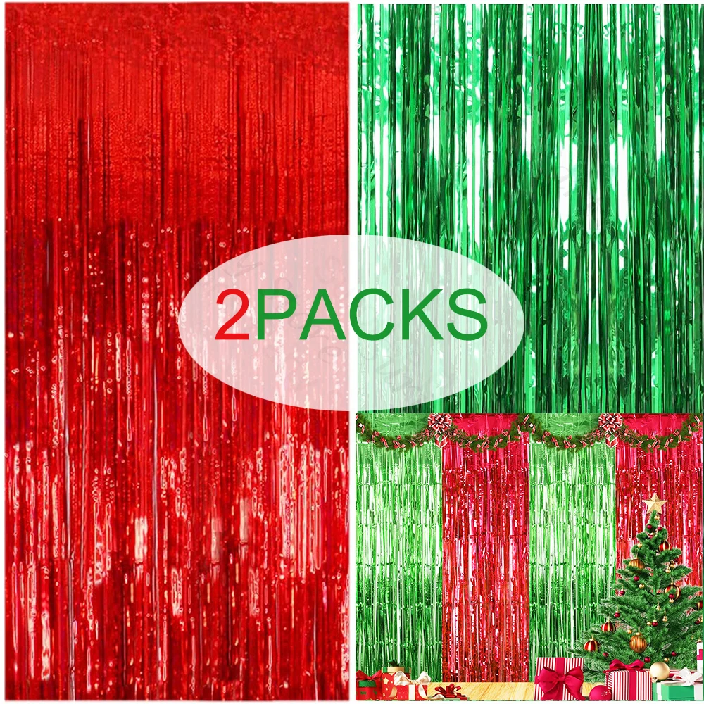 2er-Pack rot-grüne Folienvorhang-Hintergrund, Weihnachtsfeier, metallische Lamettafolie, Fransenvorhänge, Foto-Requisiten, Geburtstag, Hochzeit, Dekoration