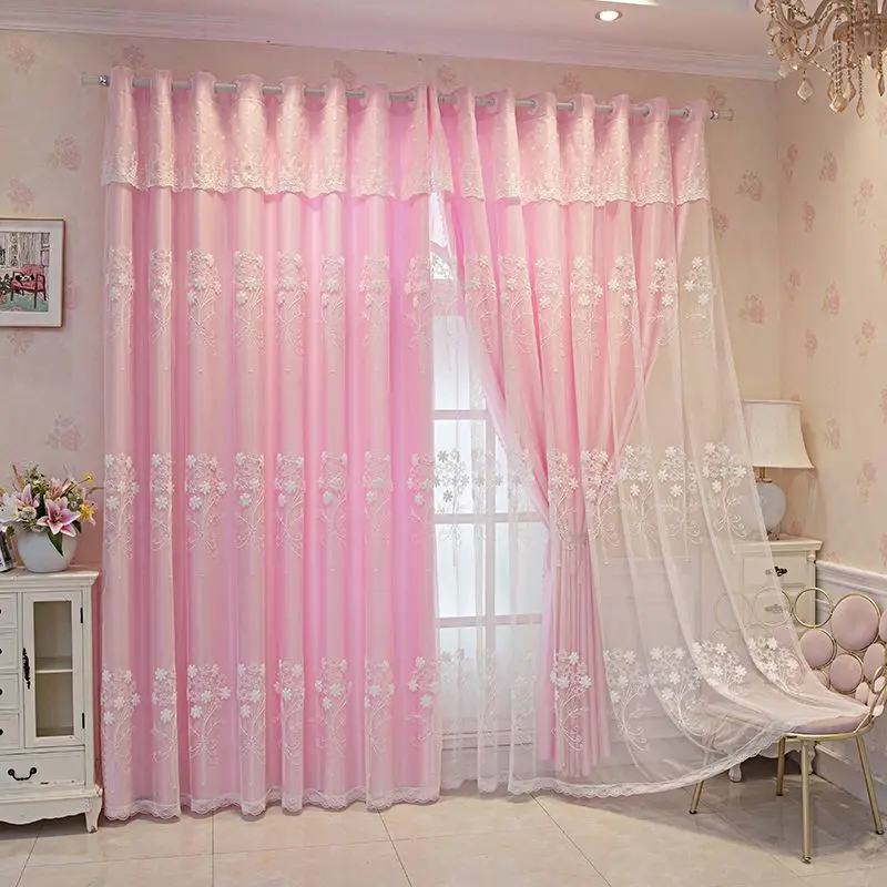 

Romantic Pink Double Layer Curtain Embroidered Floral Design Plus Solide Cloth for Bedroom/Living Room Home Decor with Valance