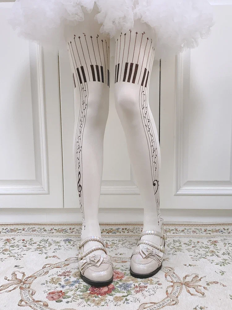 Design original meninas lolita meia-calça piano impressão meias primavera e outono estilo japonês feminino meias de algodão