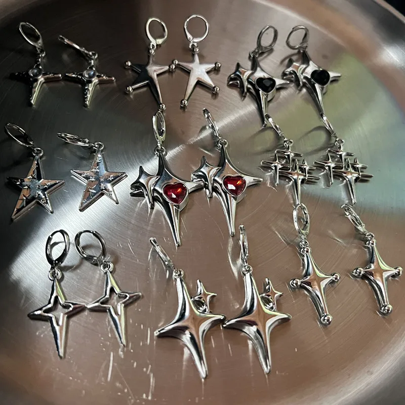 Y2K Metal Stars Drop Pendant Earring for Women Girl Silver Color Exquisite Rhinestone Asterism Punk Jewelry Party Accessories