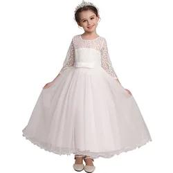 Girl's bow long sleeved princess dress 4-14 years old lace long mesh dress birthday party wedding flower girl performancecostume