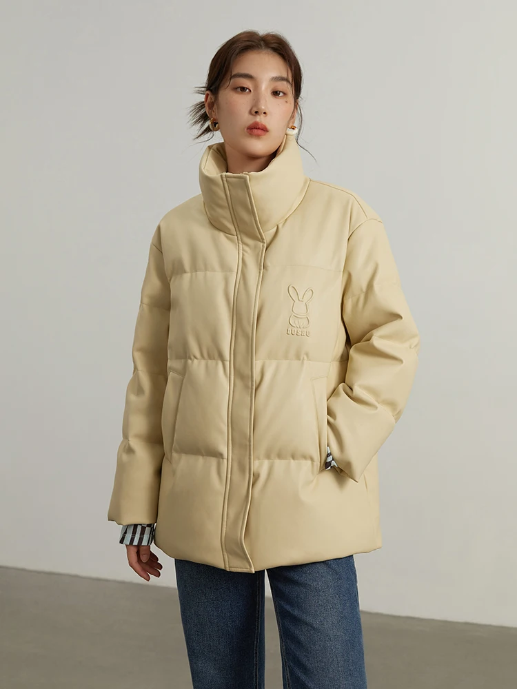 DUSHU 141.8G Filling Capacity Foldable Collar PU Leather Wown Jacket Women 2022 Winter 90% White Duck Down Warm Coats Female