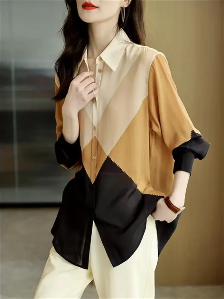 Camicette di colore a contrasto camicia da donna Polo Cardigan abbigliamento donna camicia Splicing allentato Blusa camicia femminile abbottonata