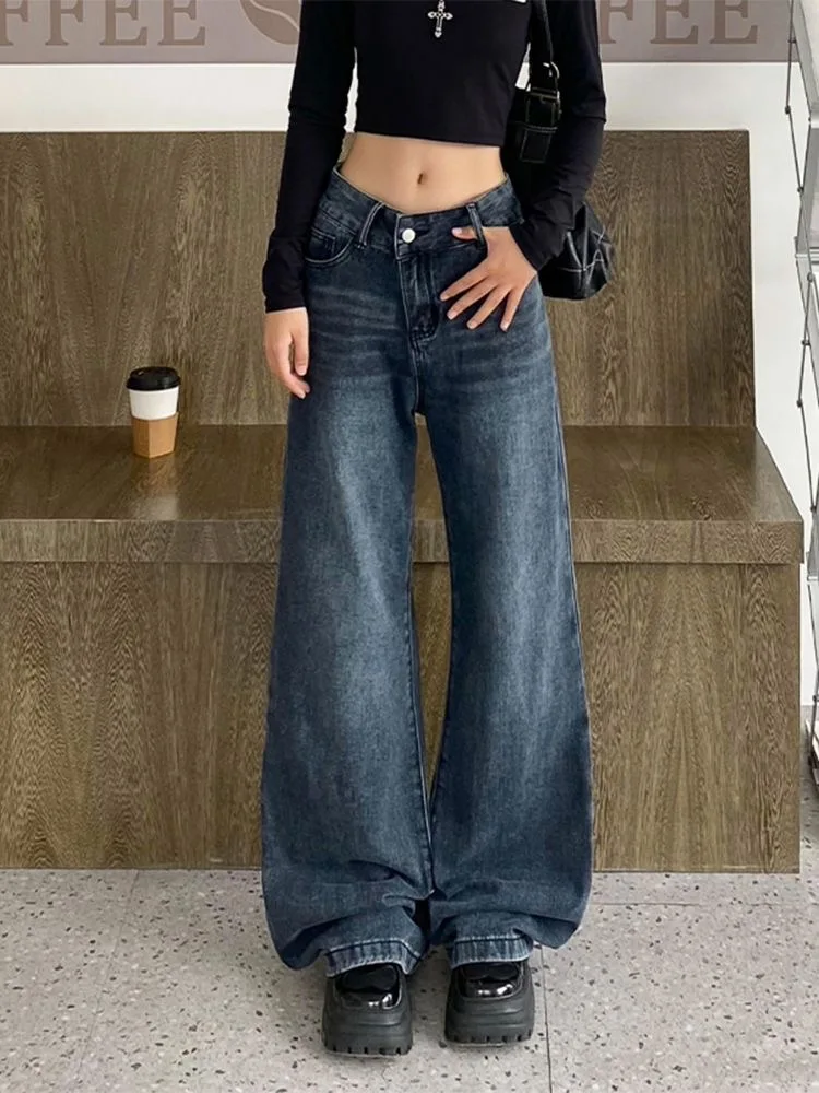 WCFCX STUDIO American Style Loose Straight Jeans High Street Vintage Casual Women's Wide Leg Pants Simple Fashion Female Jeans