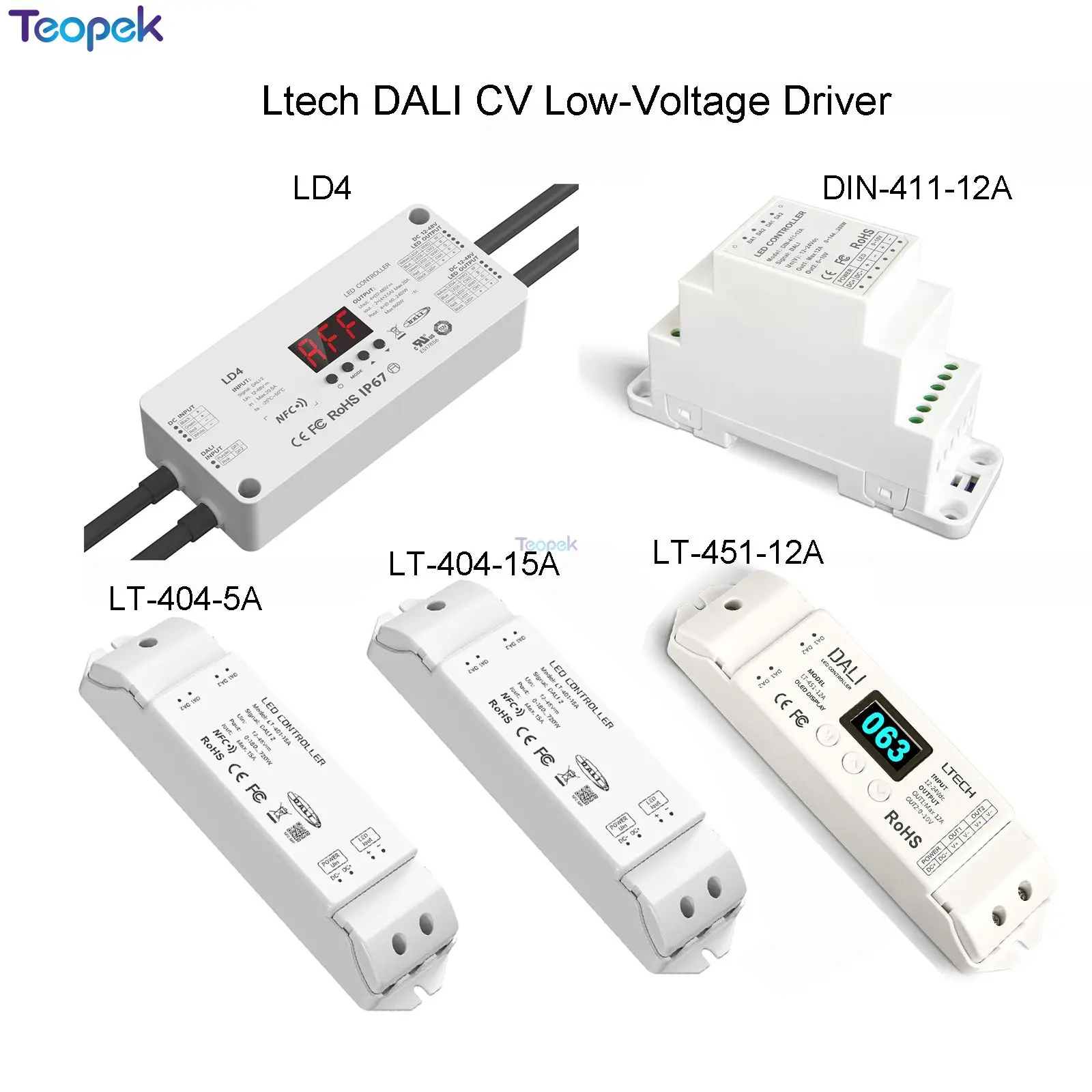 LTECH DALI Constant Voltage Low Voltage Dimmer Driver LT-404-5A LT-451-12A DIN-411-12A LD4 NFC Driver LT-401-15A For LED Strip