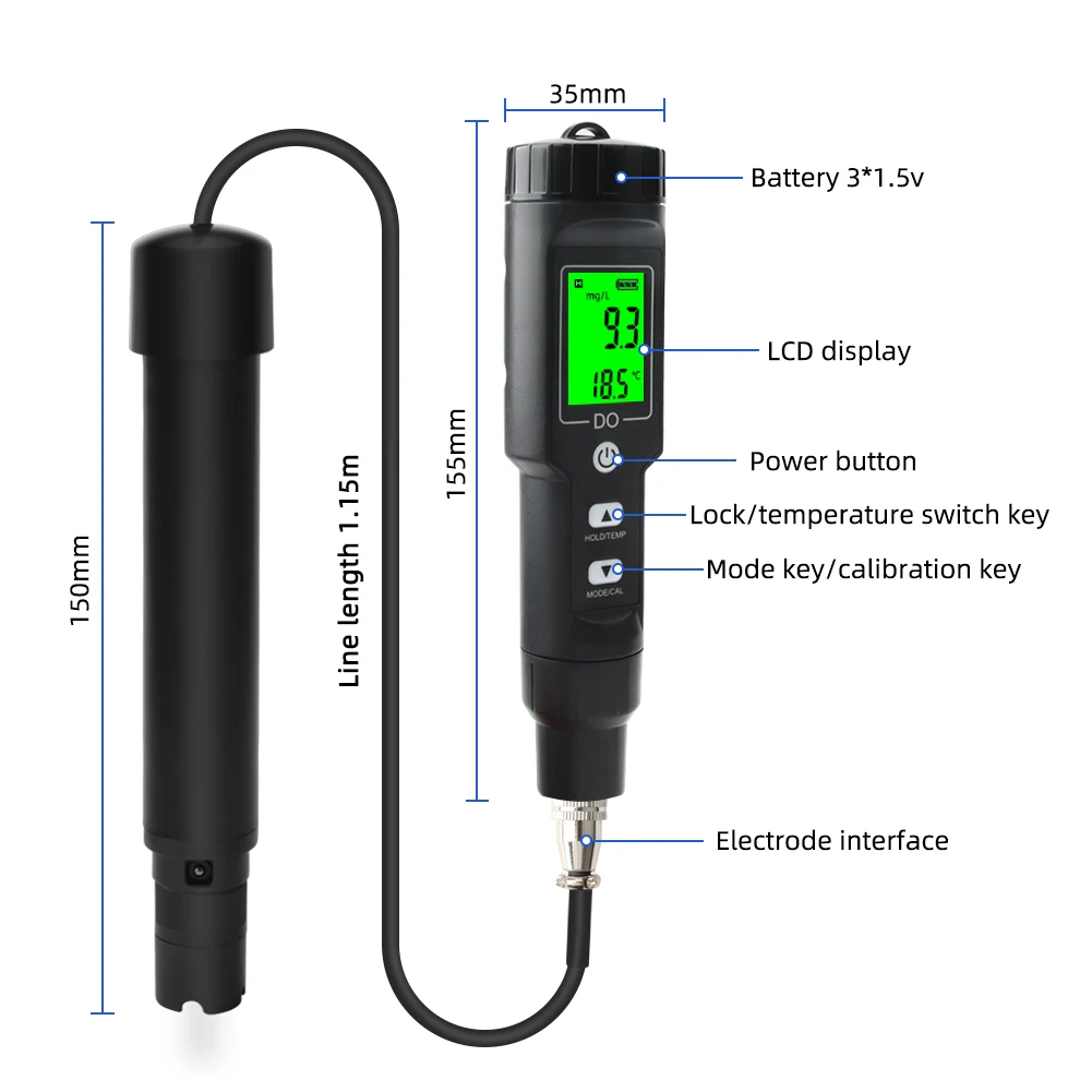 Portable digital Dissolved Oxygen and Temperature Meter Oxygen Analyzer Dissolved Oxygen Detector with Electrode  Filling Fluid