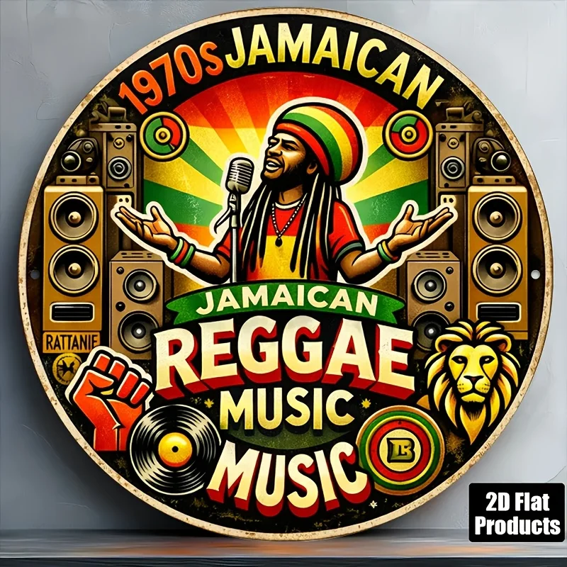 2D Metal Sign 8x8 Inch Round Vintage Jamaica Reggae Music Decor Bar Music Room Living Room Gift
