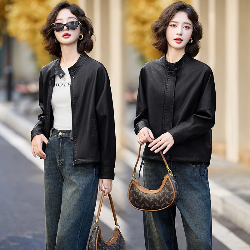 2026 Fashion Short Faux Leather Jacket Women's PU Coat Spring Autumn Zipper-up Stand-up Collar Casual Tops Streetwear Outerwear