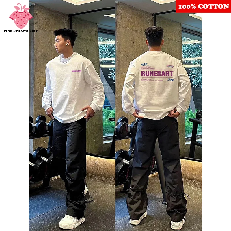 

100% Cotton White Sports Run T-shirt Men Autumn 2025New Oversize Letter Print Long sleeves Tee Casual Loose Y2k Top Men clothing