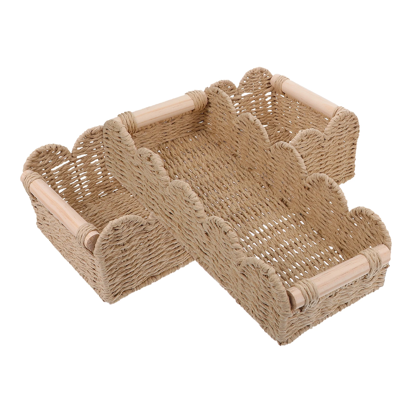

2Pcs Handmade Paper Rope Storage Basket Scalloped Edge Wooden Handle Decorative Bathroom Shelf Toilet Paper Organizer Small