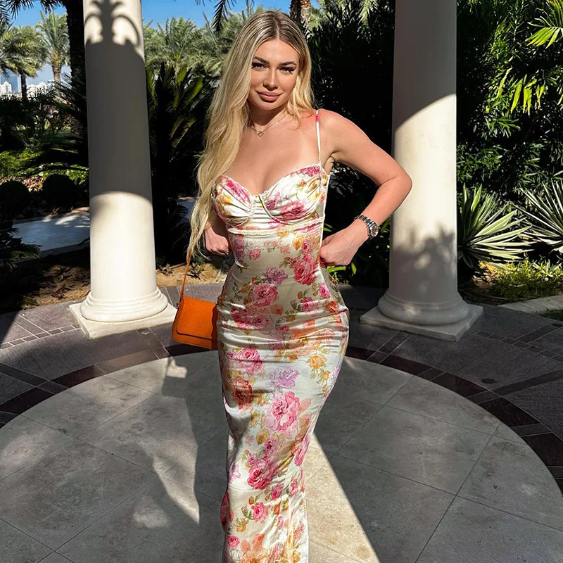 

Elegant Floral Printed Bodycon Backless Maxi Dress Women Spaghetti Strapless Sleeveless Slim Dresses Summer Lady Party Vestidos
