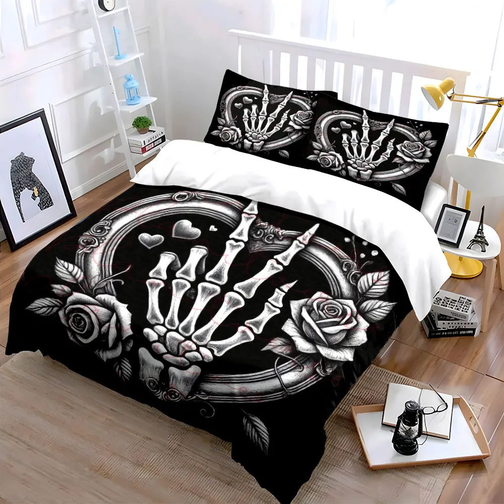 Skeleton Rose Heart Design Set Soft Skin-Friendly Bedding Set Includes 1 Duvet Cover And 2 Pillowcase, Gift