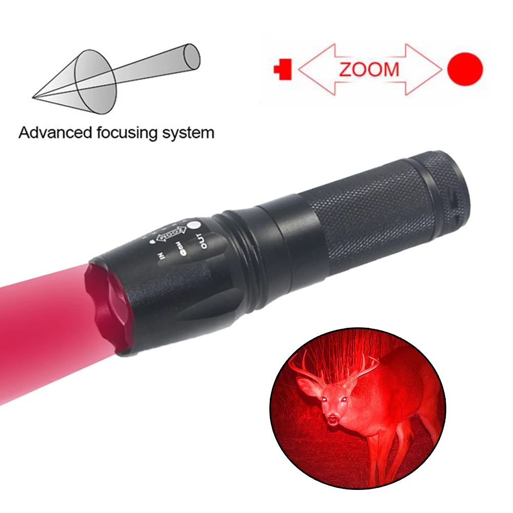 Red LED Flashlight 1Mode Outdoor Tactical Flashlight 18650 26650 Zoomable waterproof Torch Night Hunting Predator Lantern