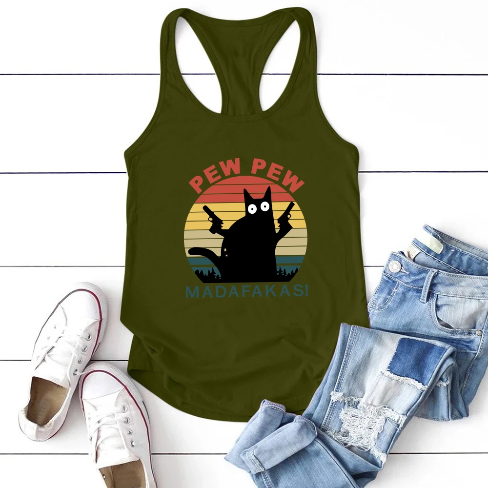 Seeyoushy Pew Pew Madafakas Black Cat with Knife Print Funny Tank Top Women Sleeveless Summer Loose Cartoon Vest Harajuku Shirt