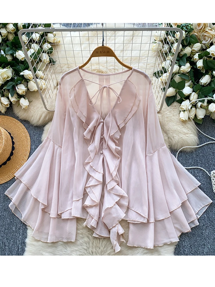 

Весенне-осенняя женская однобортная шифоновая рубашка с v-образным вырезом и рюшами, новый модный свободный повседневный топ для отпуска C357