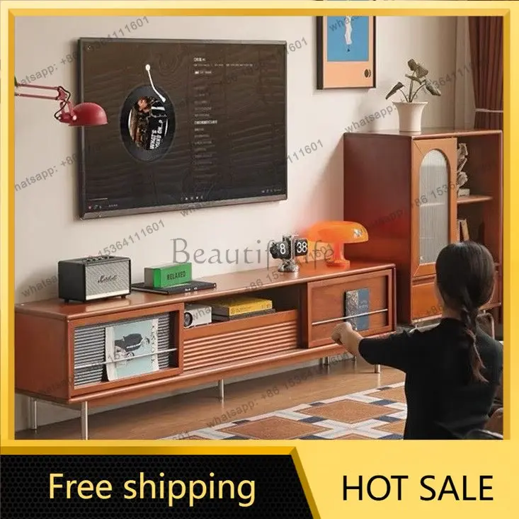 FG solid wood TV cabinet living room Bauhaus sliding door storage high floor cabinet