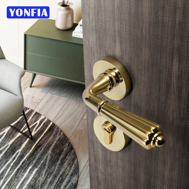 

YONFIA 8135R01 Zinc Alloy Gold Interior Door Handles Lock Home Golden Bathroom Toilet Mortise Lever Door Lock For Door Hardware