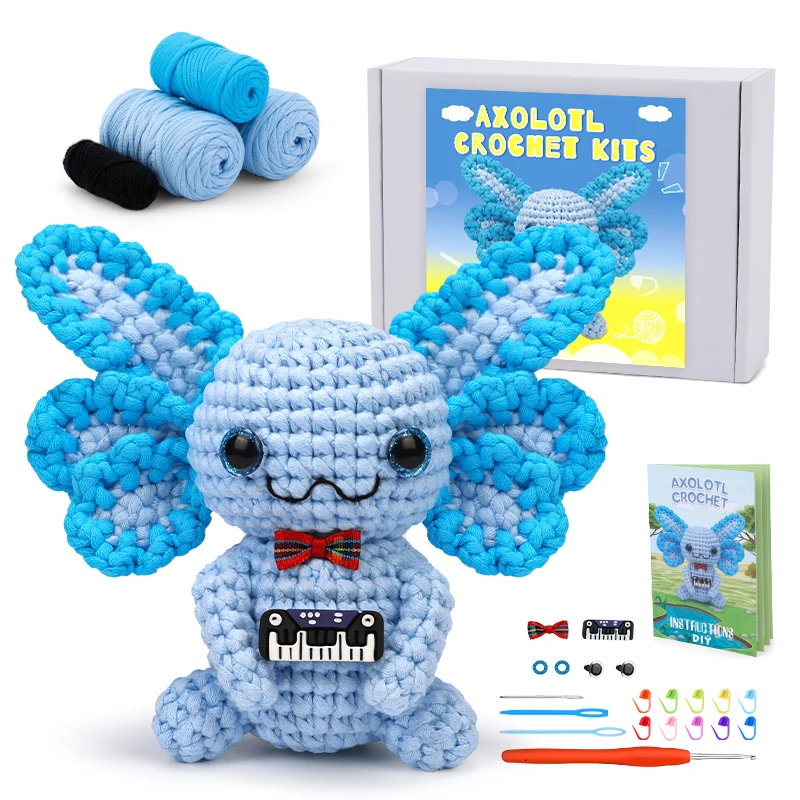 MIUSIE Crochet Kit for Beginners Blue Axolotl Knitting Kit Crochet Animal Kits with Stitches Yarn Crochet Hooks for Adults Craft