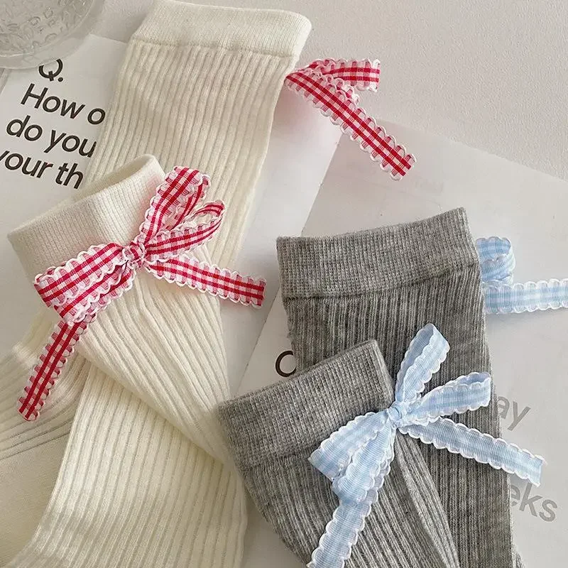 جوارب باليه على طراز منتصف الساق مع عقدة فراشة منقوشة رقيقة للصيف على طراز JK جوارب قطنية متوسطة الساق