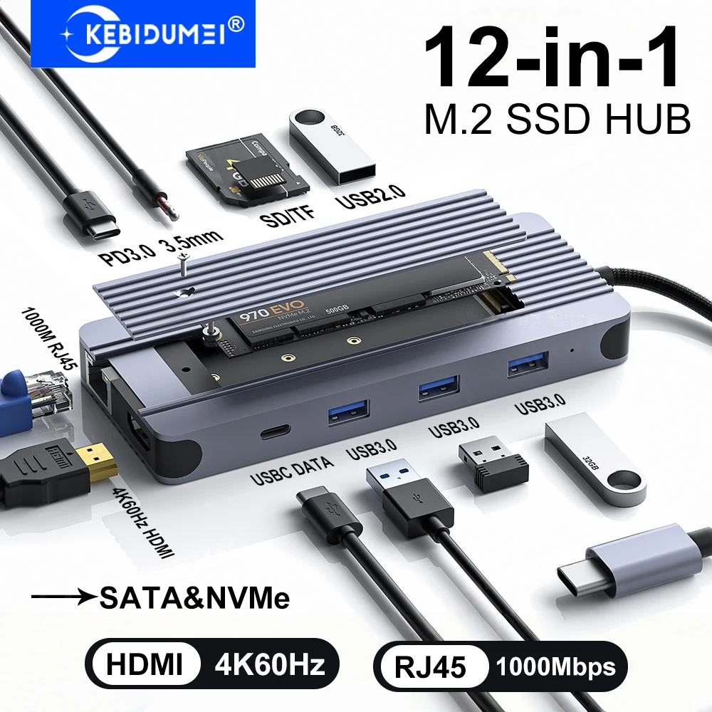 12-in-1 M.2 SSD HUB USB C Docking Station USB C HUB HDMI 4K60Hz/RJ45 1000Mbps/PD100W/USB3.0 5Gbps TYPE C Hub For Laptop Macbook