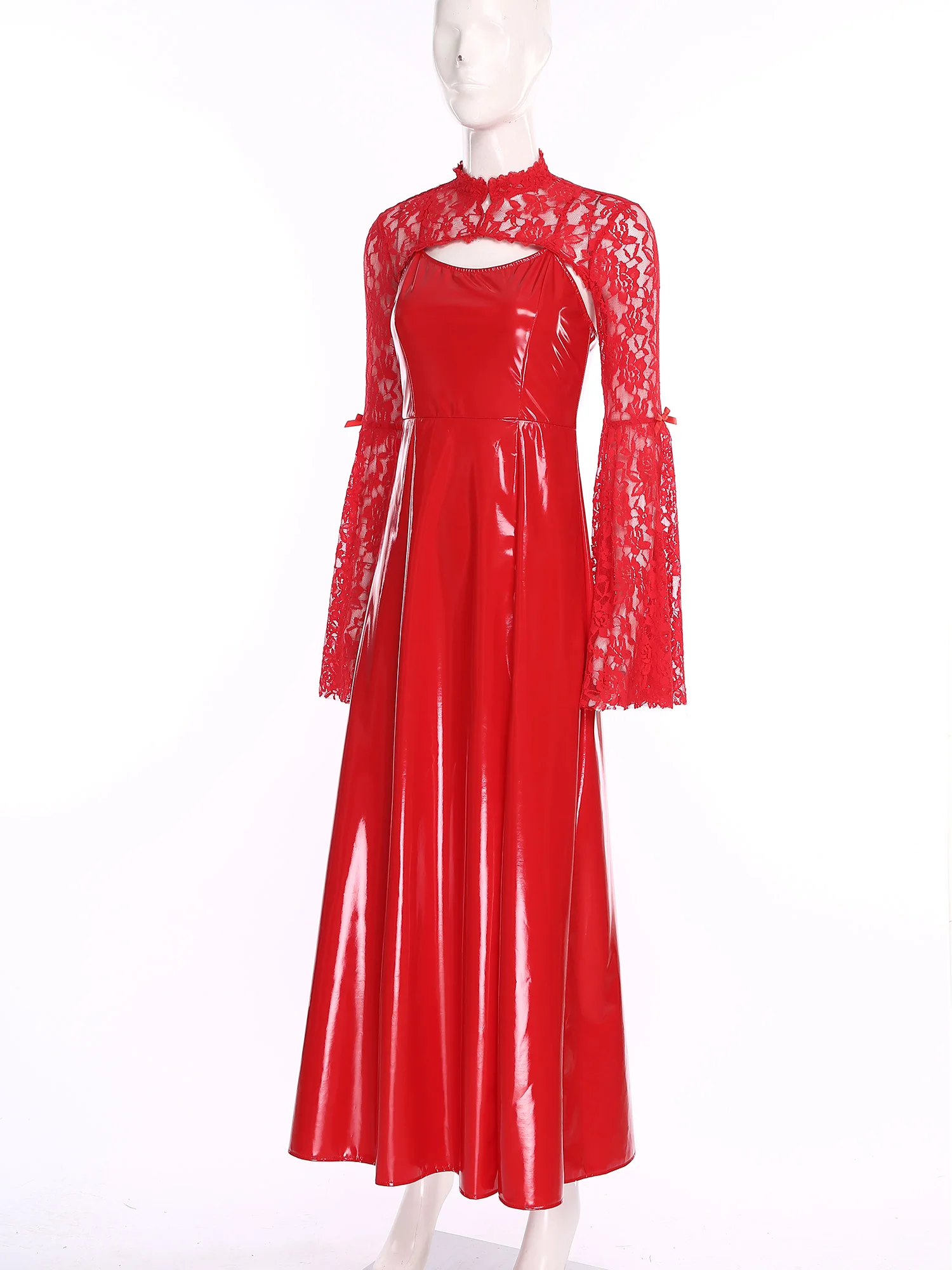 

Женские классические костюмы Средневековое готическое глянцевое платье из искусственной кожи + кружевные платья с цветочным принтом и боковыми разрезами Клубный нагрудник Набор платьев для косплея ведьмы-вампира