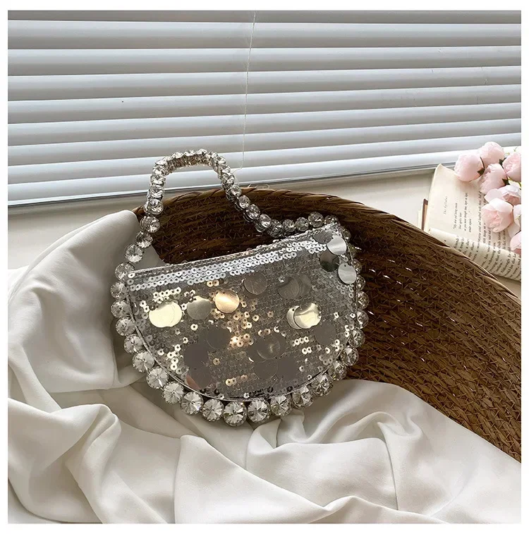 Women Rhinestones Evening pouch tote Bag shining Crystal Party Wedding half moon Bag silver gold black purple wholsale