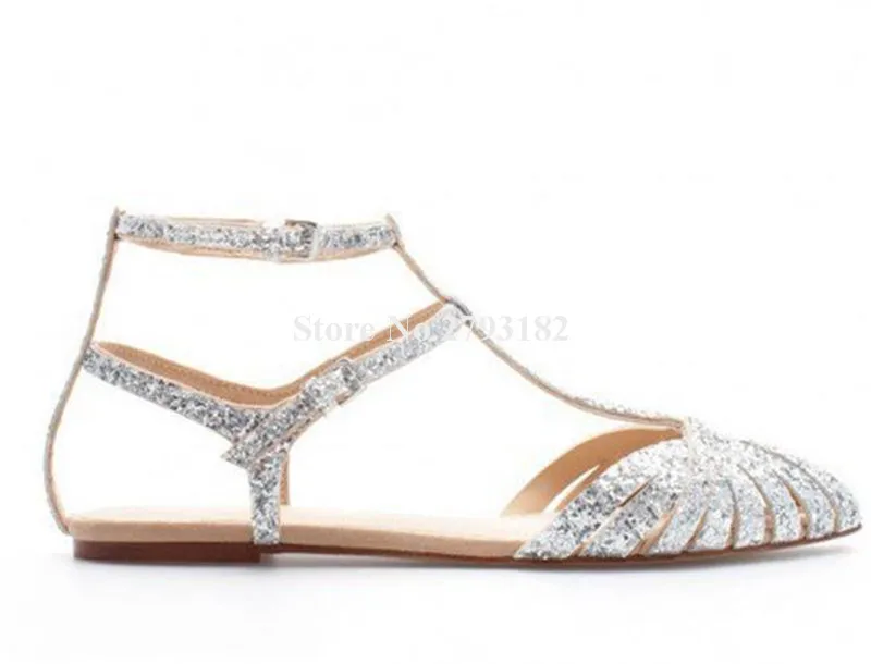 Sandali piatti con paillettes brillanti estate più recente Peep Toe argento luccica cinturini scarpe basse t-strap Bling Bling scarpe da sposa