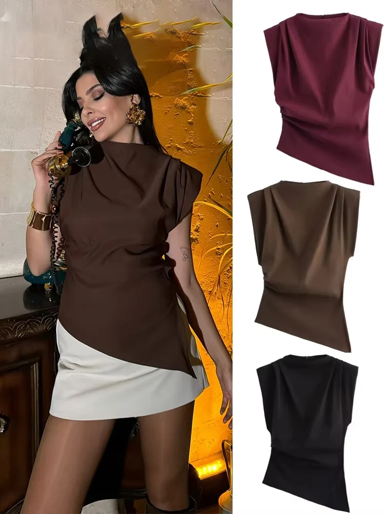 

Camisole marron uni à col rond pour femme, caraco féminin, chemise de rue, précieux, décontracté, vacances d'été, mode, 2025