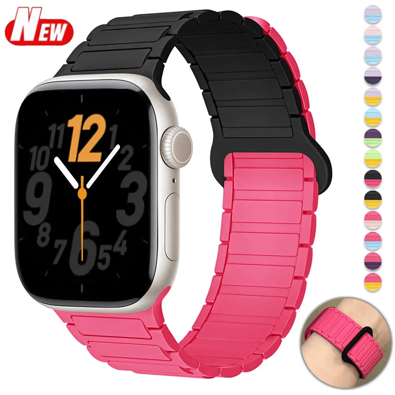Two-color Magnetic Silicone Strap for Apple Watch Bands 46mm 44mm 42 40mm correas Bracelet iWatch Series 11 10 9 8 7 Se Ultra 3