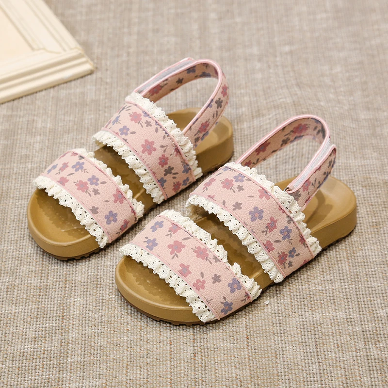 Little Girls Floral Print Leather Sandals 2026 New Summer Kids Chunky Beach Sandals Non-slip Classic Trendy Princess Party Shoes