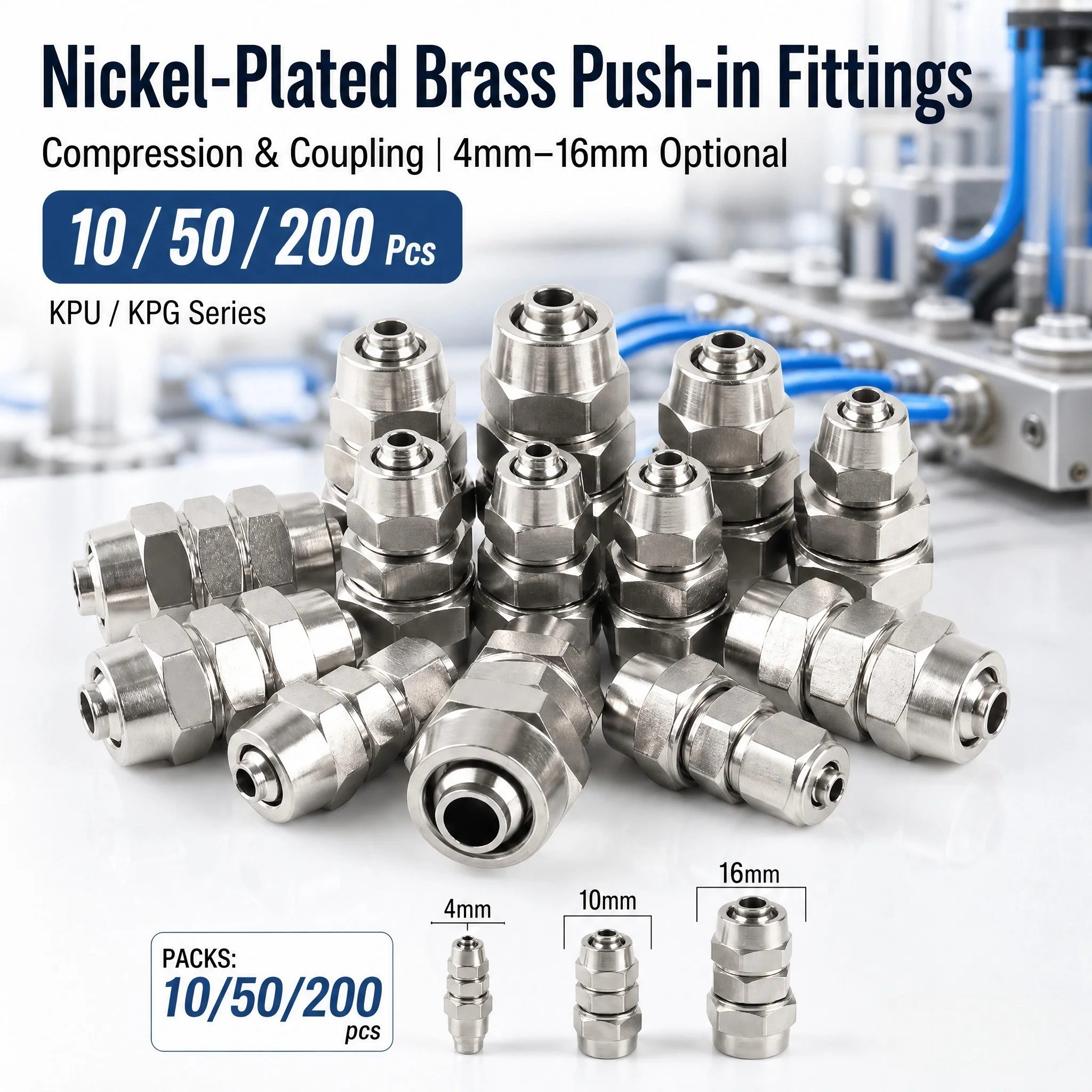 KPU KPG Nickel-Plated Brass Pneumatic Connector Air Pipe Quick Joint Straight Coupling 4mm 6mm 8mm 10mm 12mm 14mm 16mm 10-200PCS