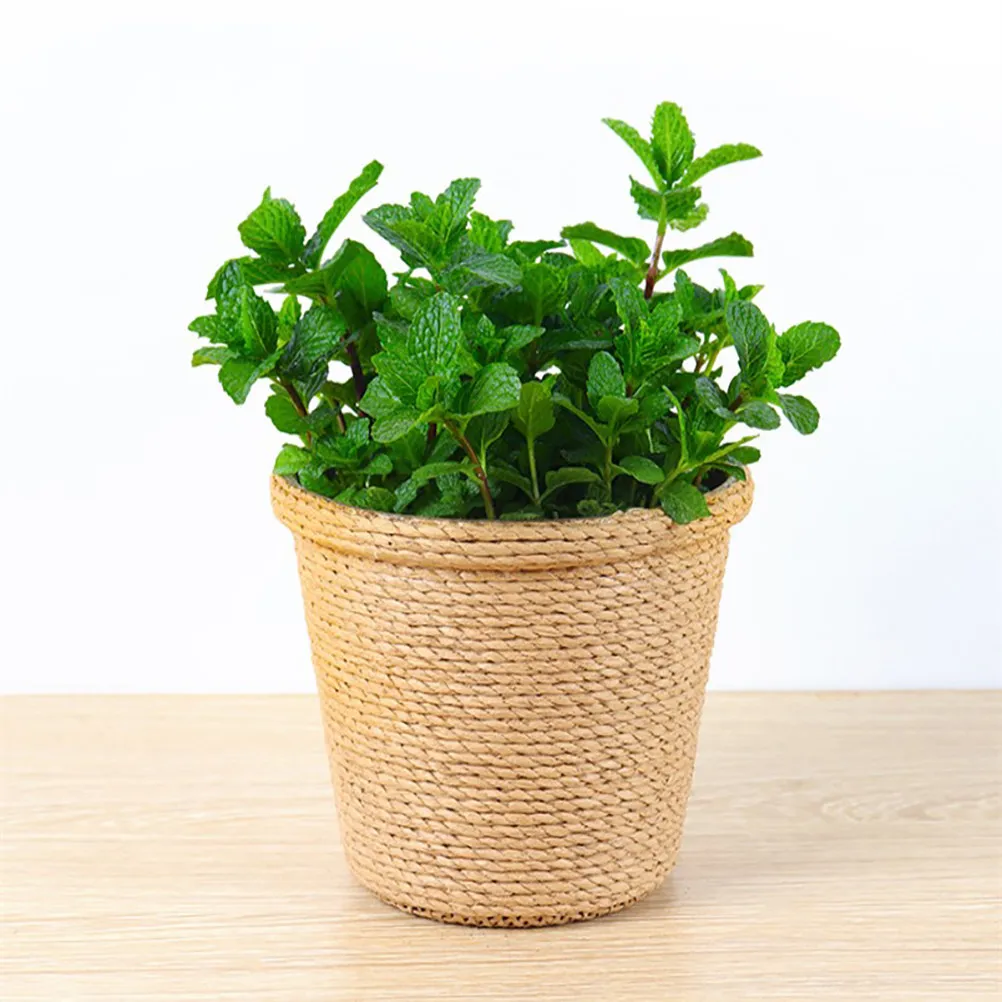1Pcs Seaweed Fiber Retro Flowerpot with Built-in Plastic Liner for Faux Flowers Indoor Planter Storage Basket for Makeup Brushes