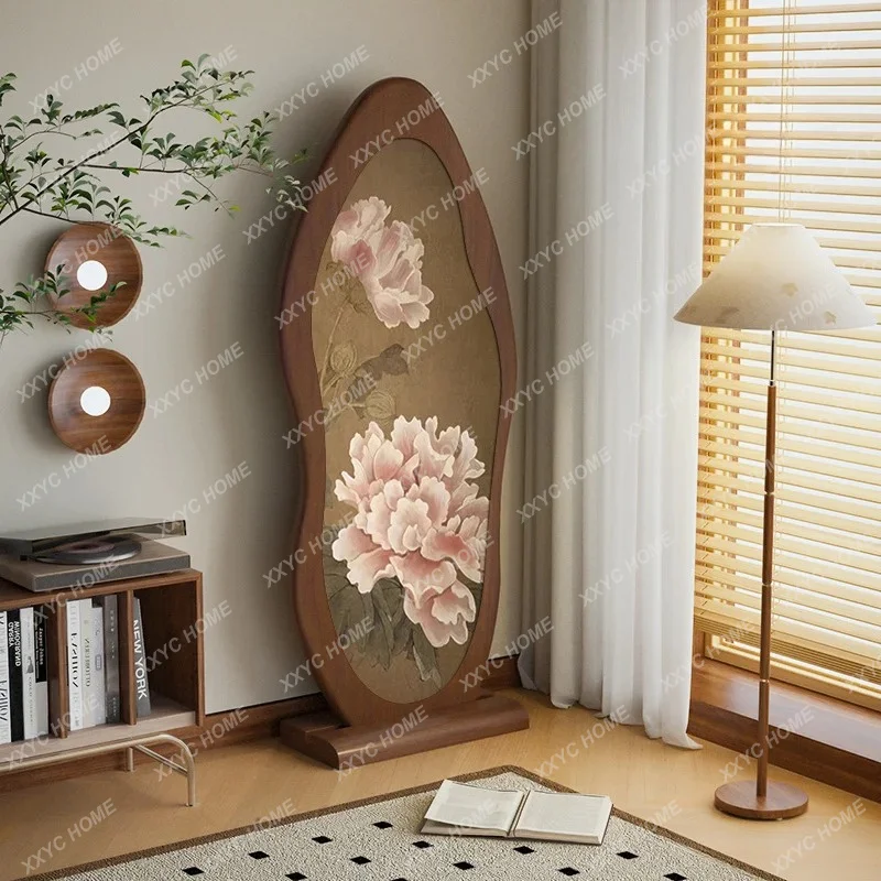 XXMedieval peony flower solid wood screen partition household living room entrance sofa bedside cover movable seat screen