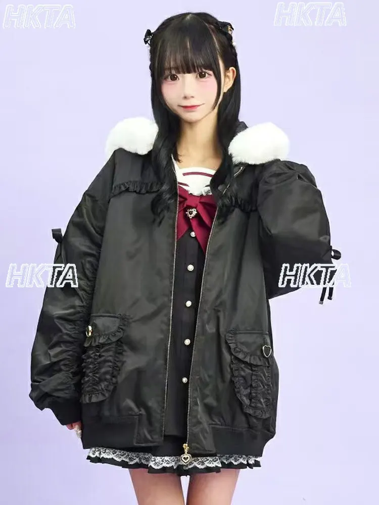 

Japanese Style Lolita Ruffle Edge Love Buckle Big Fur Collar Cotton Jacket Hooded Coat Winter Warm Black Coats Parkas Women