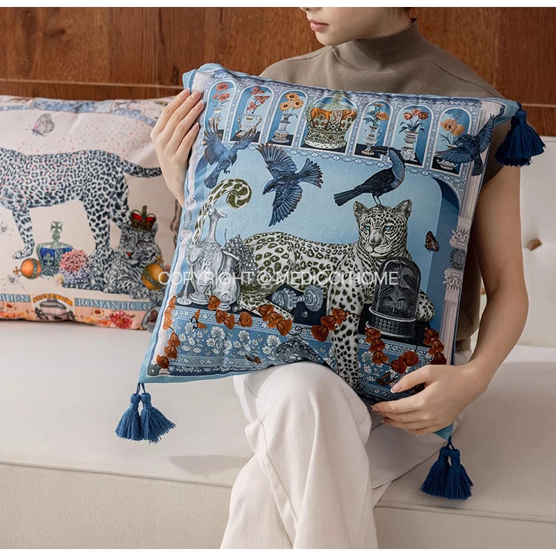 Medicci Home Majestic Leopard Decorative Cushion Cover Palatial Surroundings Pattern Painted Throw Pillow Case Sea Mist Blue