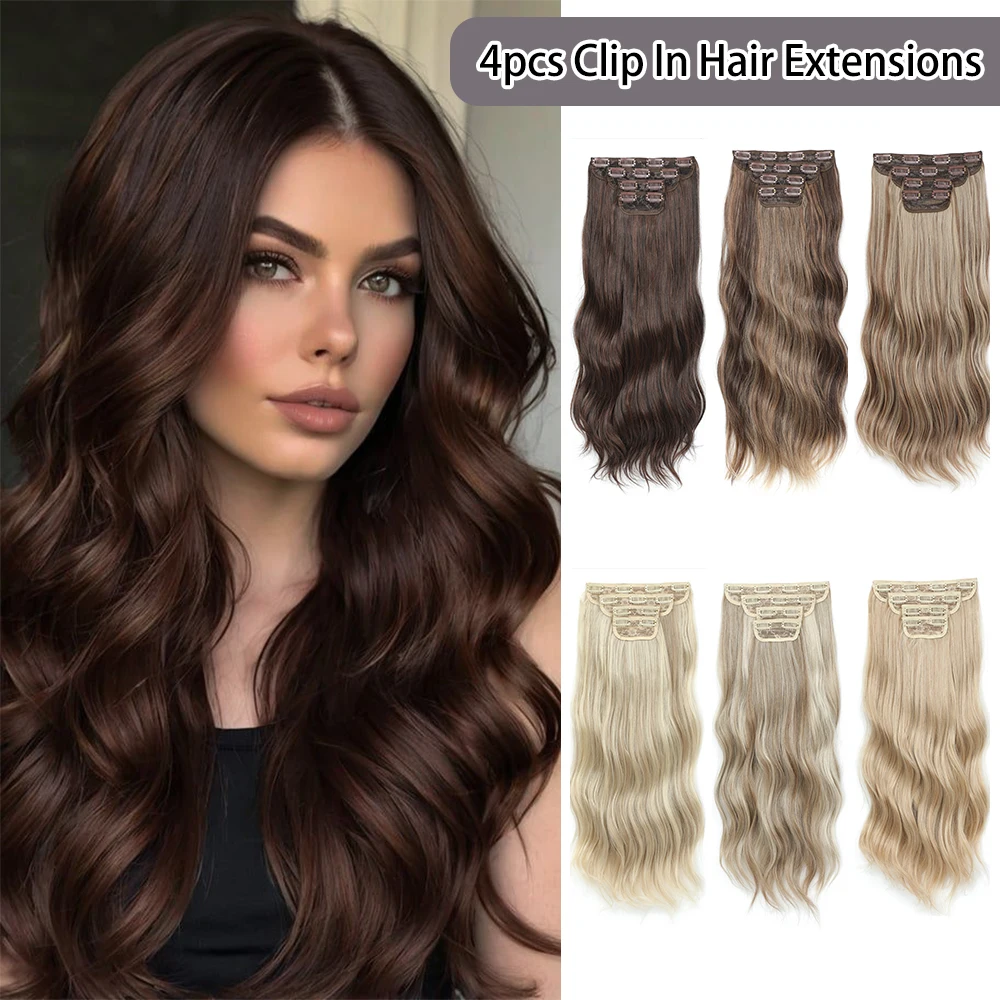 

Синтетические зажимы для наращивания волос, 4 шт./компл., длинные волнистые волосы, 22 дюйма, 220 г, термостойкий зажим для волос # 4 # 1B 24J