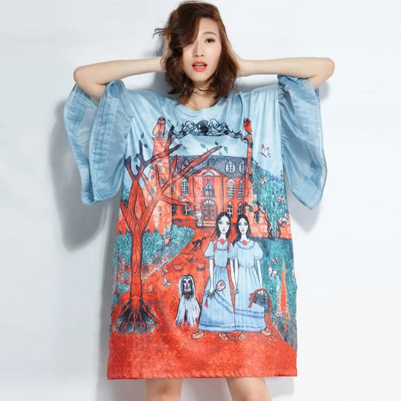 الصيف قصيرة الأكمام المتضخم فستان حجم كبير المرأة الكرتون تي شيرت مطبوع عطلة الشاطئ فستان فضفاض الملابس النسائية