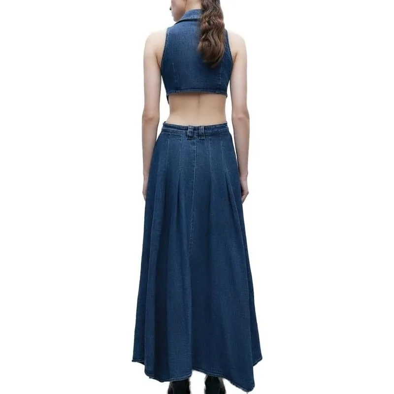 เดรสยีนส์ติดกระดุม - ชุดเดรสทรงเอไลน์ผ่าข้าง คอปกเว้าช่วงเอว ช่วยให้ดูผอมเพรียว รุ่นปี 2025